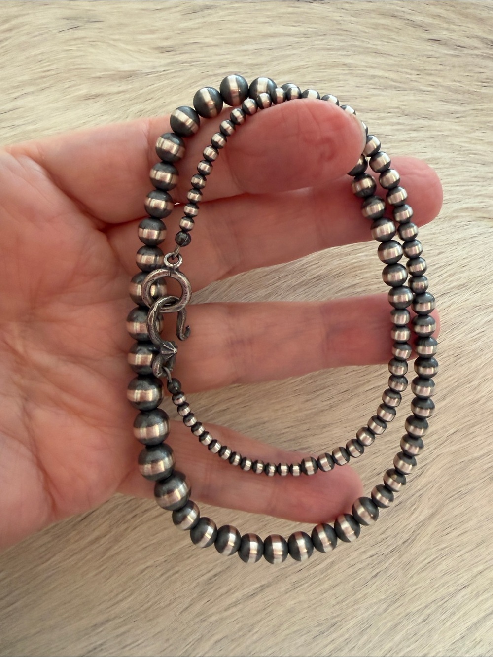 ❤️ 18” 3mm to 8mm Graduated Desert Pearls Navajo Beads Necklace Sterling Unisex - Picture 8 of 9